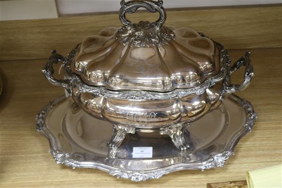 A silver plated tureen and stand width 49cm height 33cm